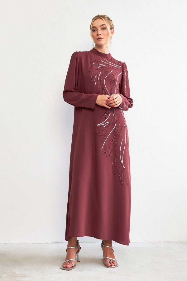 Zeren Stone Embroidered Evening Dress - Dusty Rose