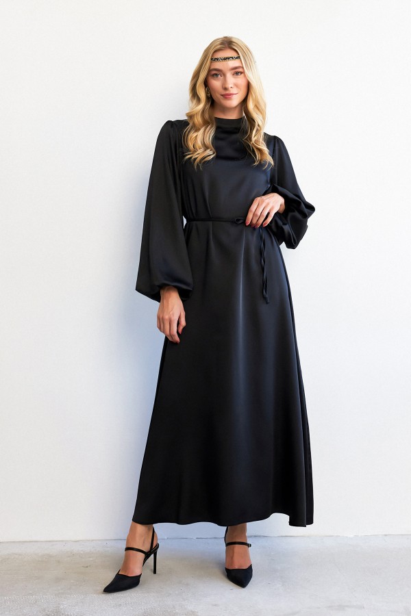 Balloon Sleeve Satin Evening Dress - Black