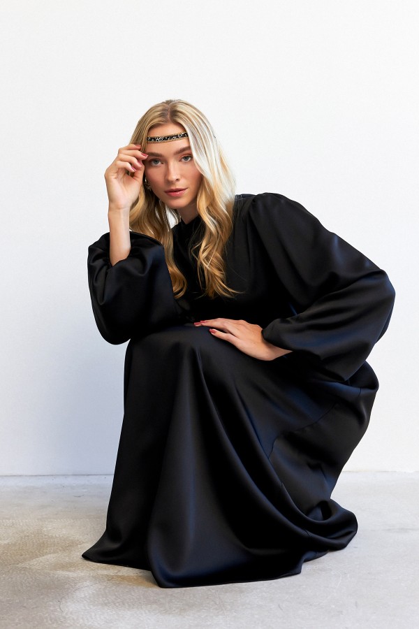 Balloon Sleeve Satin Evening Dress - Black