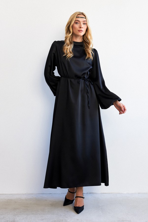 Balloon Sleeve Satin Evening Dress - Black