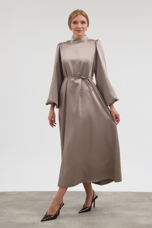 Balloon Sleeve Satin Evening Dress - Mink Balloon Sleeve Satin Evening Dress - Mink