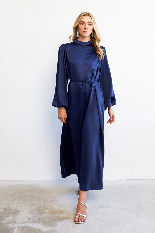 Balon Kol Saten Abiye Elbise - Lacivert