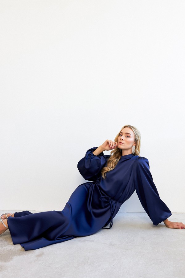 Balon Kol Saten Abiye Elbise - Lacivert