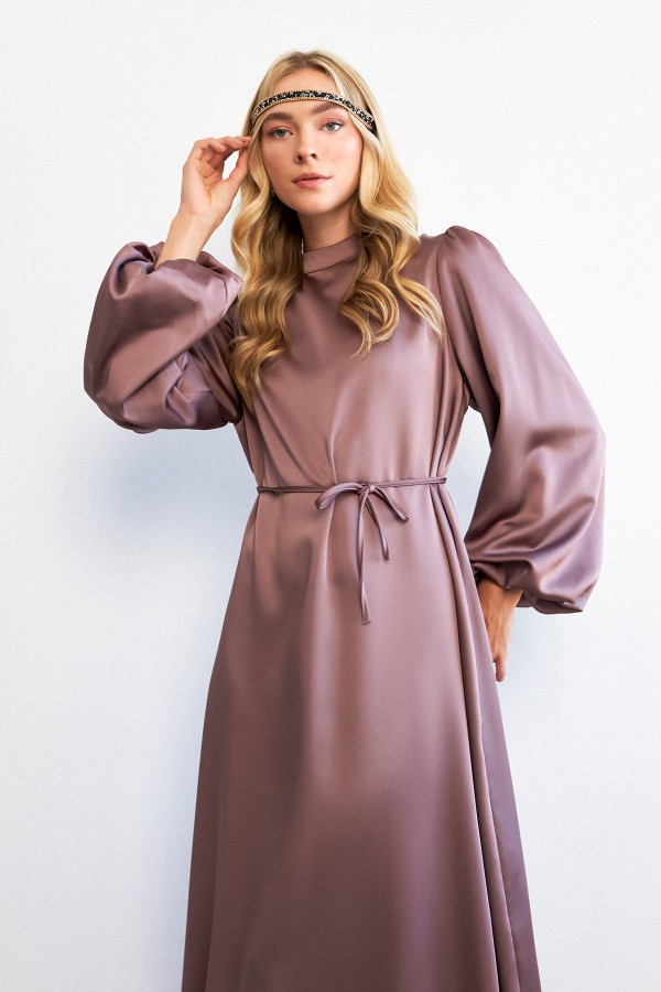 Balon Kol Saten Abiye Elbise - Gül Kurusu