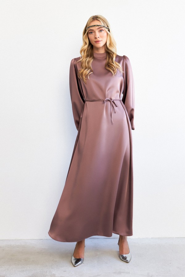 Balon Kol Saten Abiye Elbise - Gül Kurusu