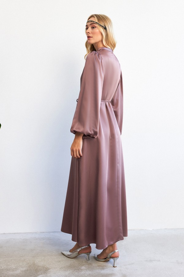 Balon Kol Saten Abiye Elbise - Gül Kurusu