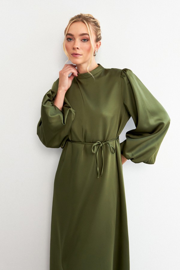 Balloon Sleeve Satin Evening Dress - Khaki