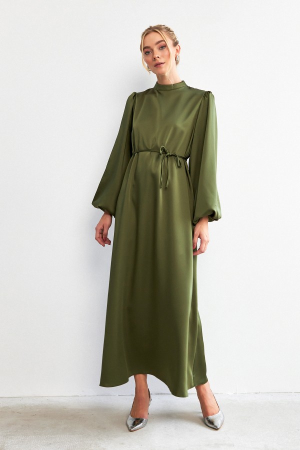 Balloon Sleeve Satin Evening Dress - Khaki