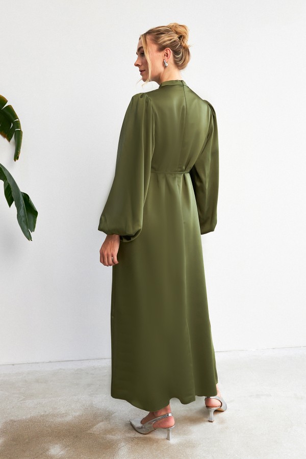 Balloon Sleeve Satin Evening Dress - Khaki