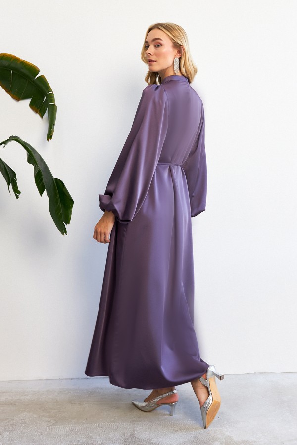 Balon Kol Saten Abiye Elbise - Leylak