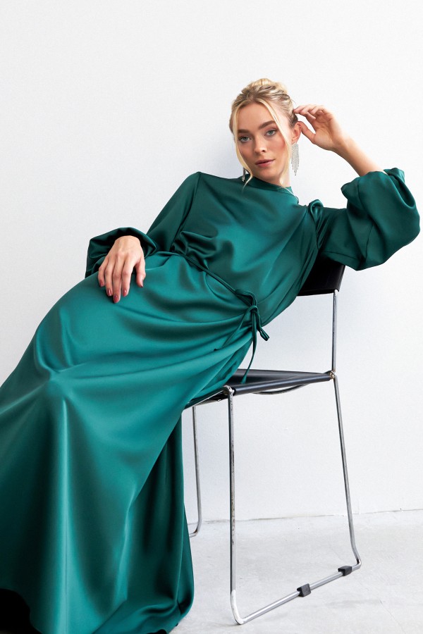 Balloon Sleeve Satin Evening Dress - Emerald