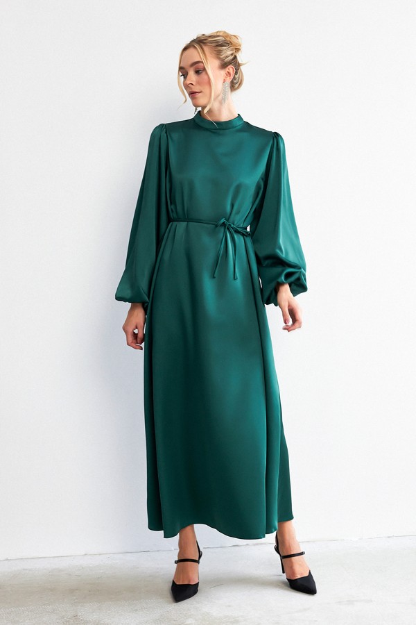 Balloon Sleeve Satin Evening Dress - Emerald
