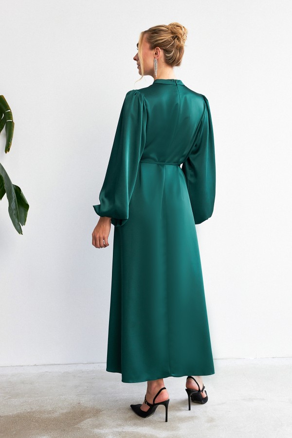 Balloon Sleeve Satin Evening Dress - Emerald