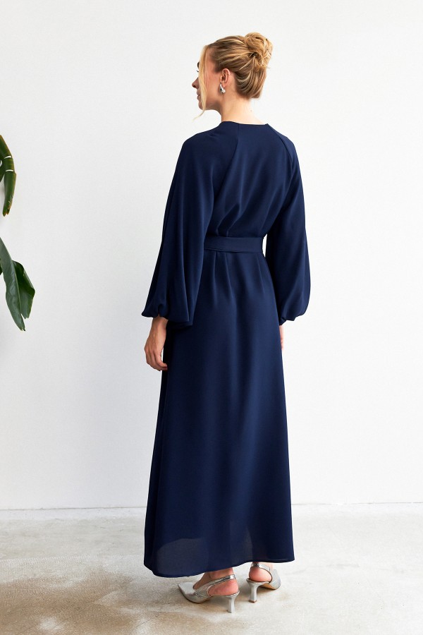 Balon Kol Düğmeli Abaya Elbise - Lacivert