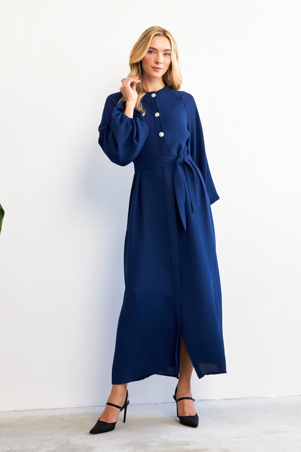 Balon Kol Düğmeli Abaya Elbise - İndigo