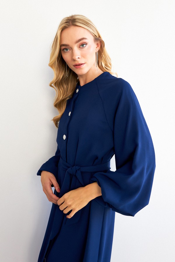 Balon Kol Düğmeli Abaya Elbise - İndigo