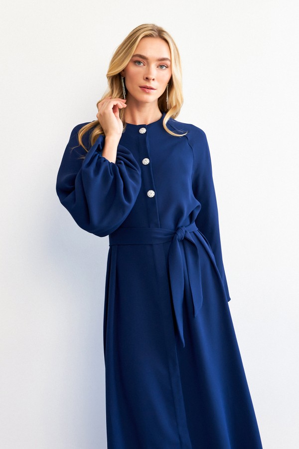 Balon Kol Düğmeli Abaya Elbise - İndigo
