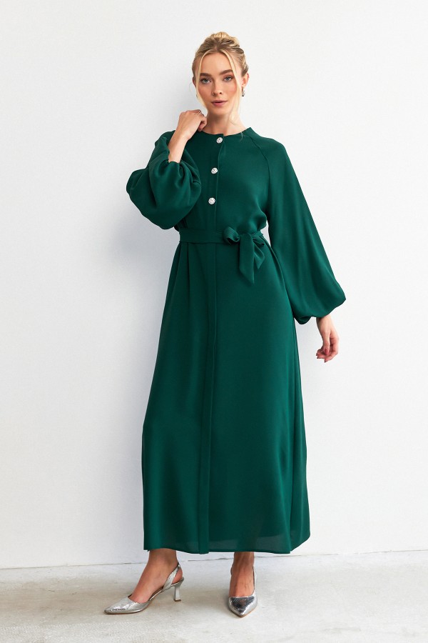 Balloon Sleeve Button Abaya Dress - Emerald