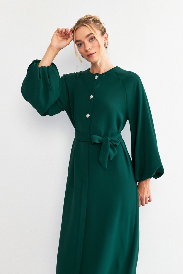 Balloon Sleeve Button Abaya Dress - Emerald