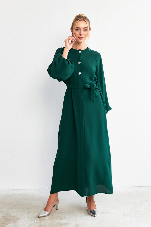 Balloon Sleeve Button Abaya Dress - Emerald