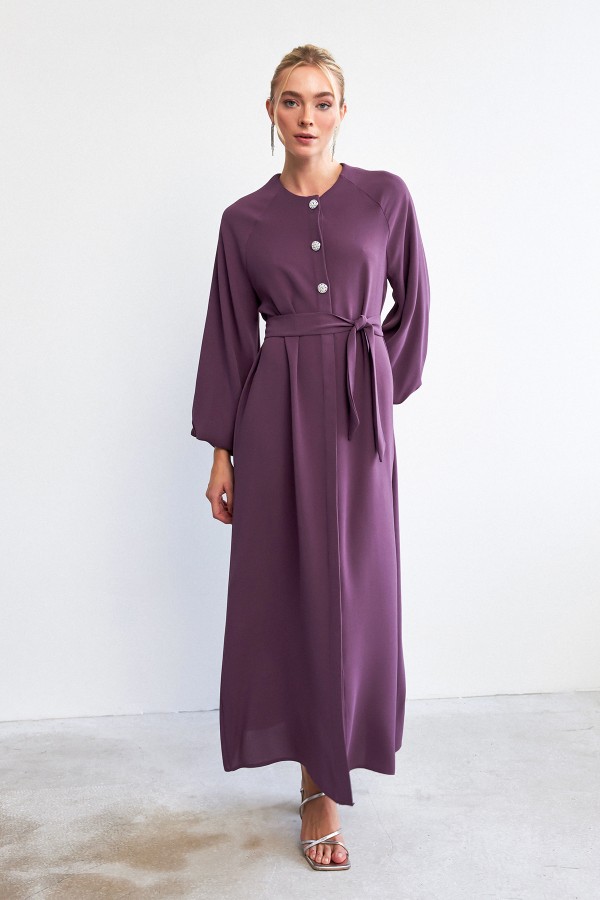 Balon Kol Düğmeli Abaya Elbise - Leylak