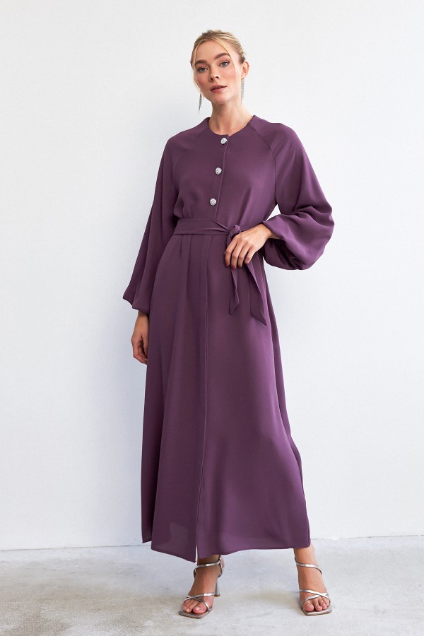 Balon Kol Düğmeli Abaya Elbise - Leylak