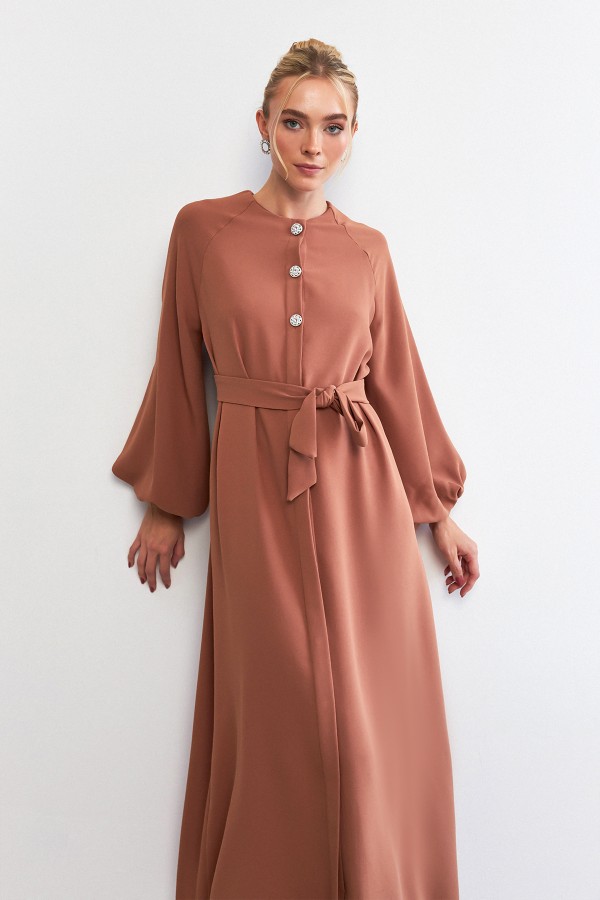 Balon Kol Düğmeli Abaya Elbise - Camel