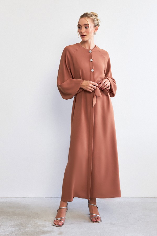 Balon Kol Düğmeli Abaya Elbise - Camel