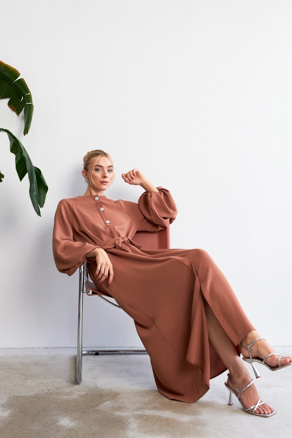 Balon Kol Düğmeli Abaya Elbise - Camel