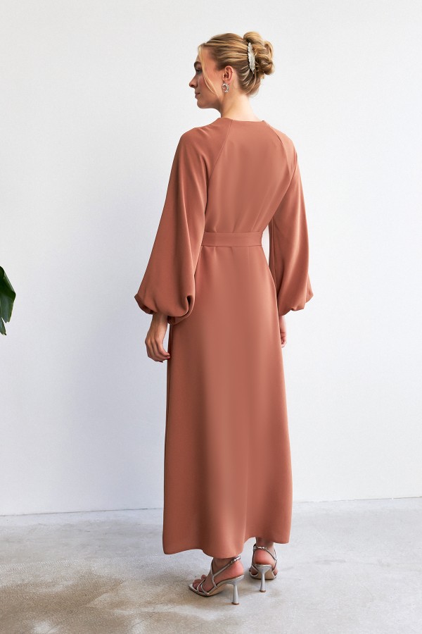 Balon Kol Düğmeli Abaya Elbise - Camel