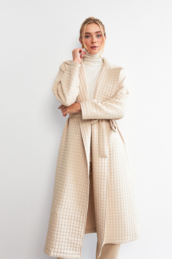 Kuşaklı Kapitone Trençkot - Bej