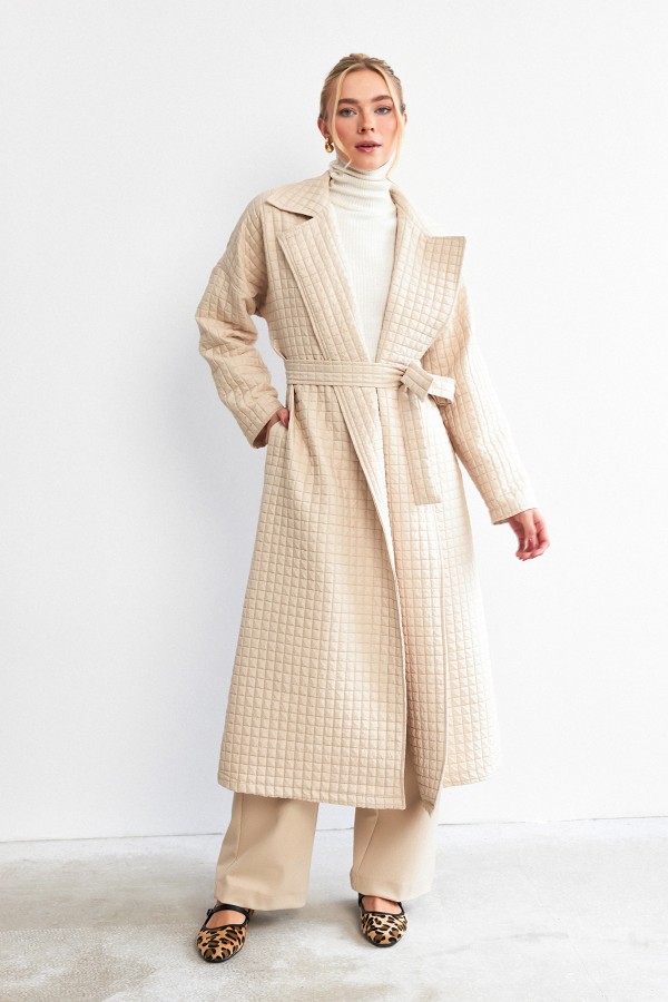 Kuşaklı Kapitone Trençkot - Bej