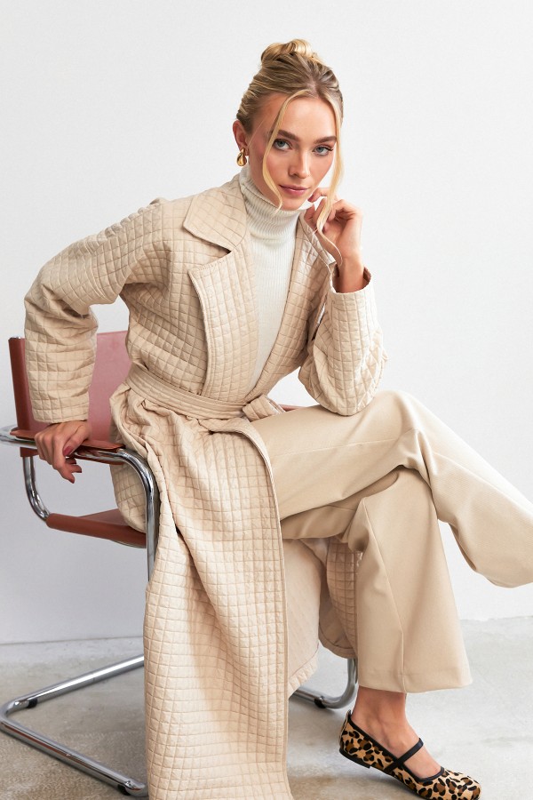 Kuşaklı Kapitone Trençkot - Bej