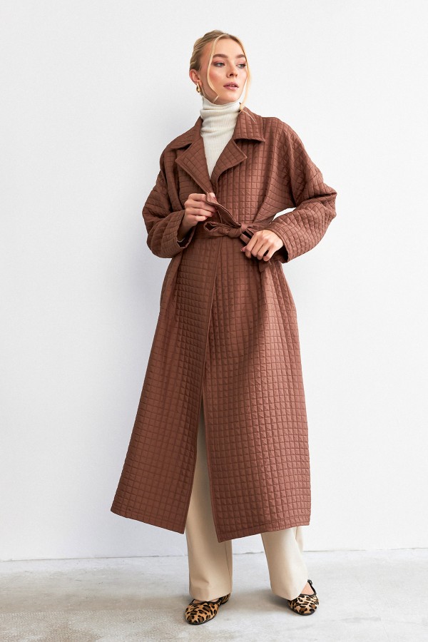 Kuşaklı Kapitone Trençkot - Kahve