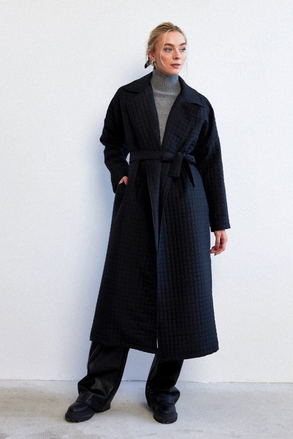 Kuşaklı Kapitone Trençkot - Siyah