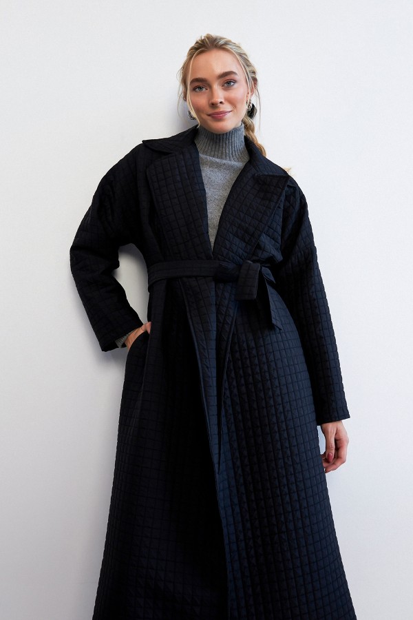 Kuşaklı Kapitone Trençkot - Siyah