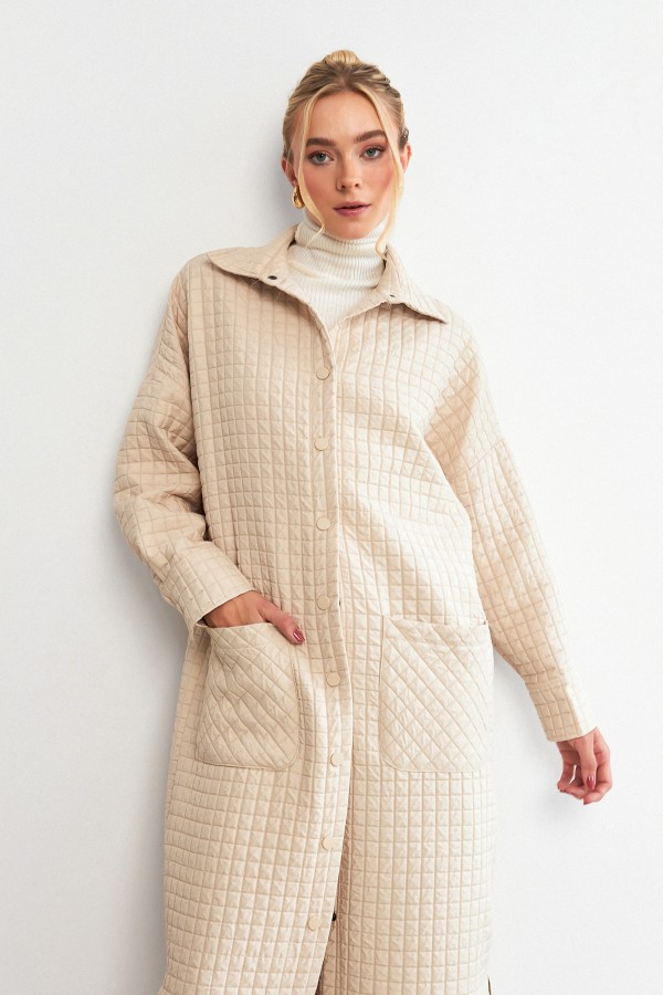 Kapitone Cep Detaylı Trençkot - Bej