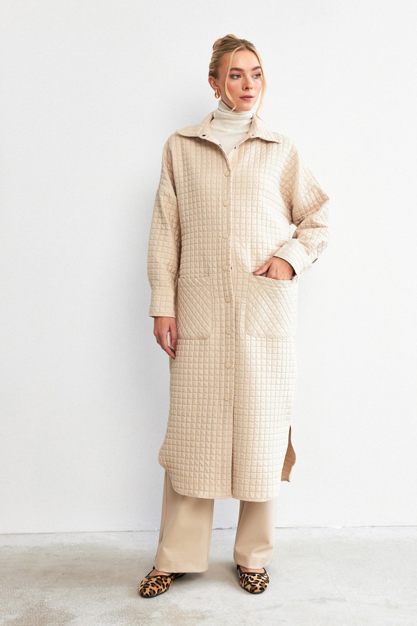 Kapitone Cep Detaylı Trençkot - Bej