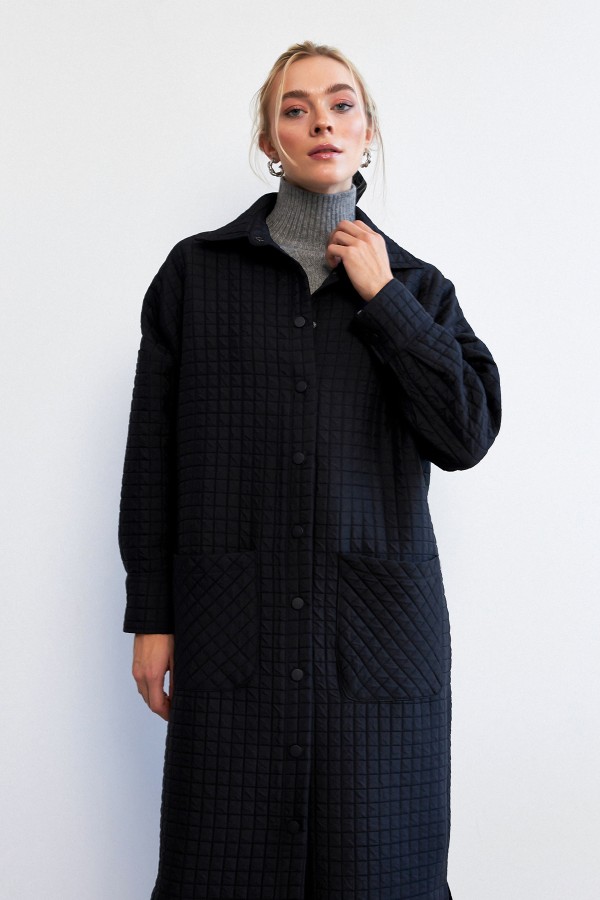 Kapitone Cep Detaylı Trençkot - Siyah