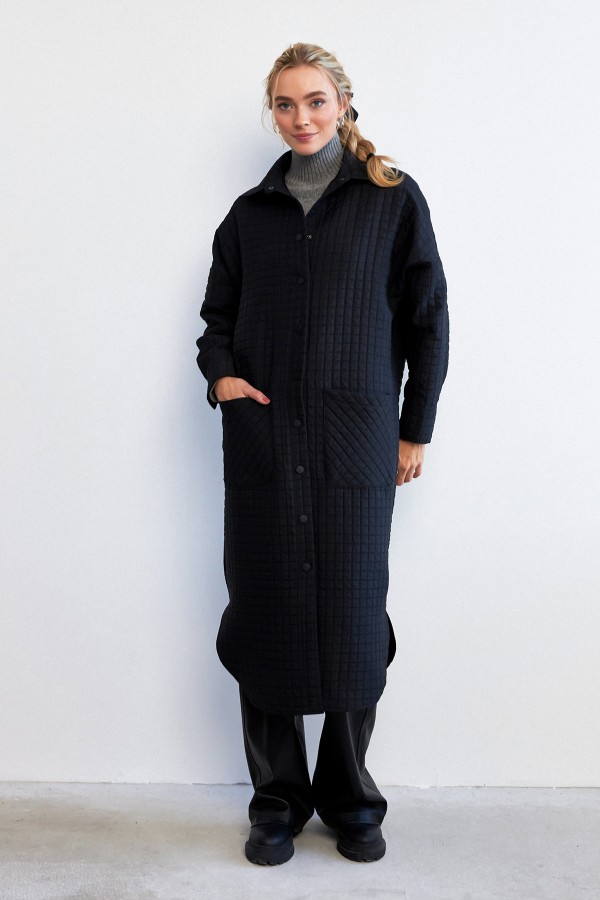 Kapitone Cep Detaylı Trençkot - Siyah