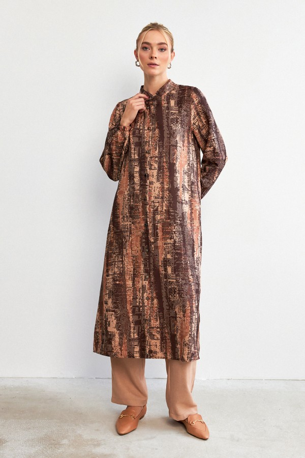 Empirme Desenli Tunik Pantolon Takım - Camel