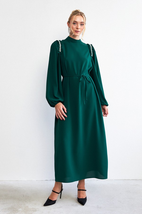 Nova Omuz Detaylı Elbise - Zümrüt