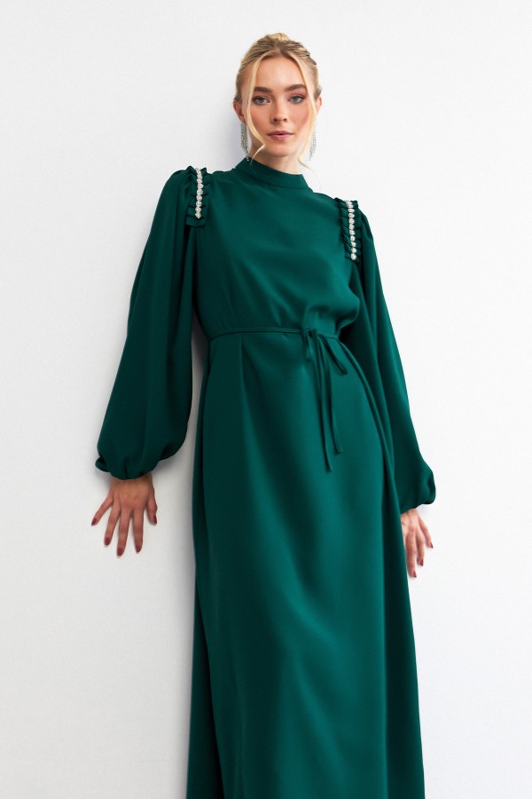 Nova Omuz Detaylı Elbise - Zümrüt