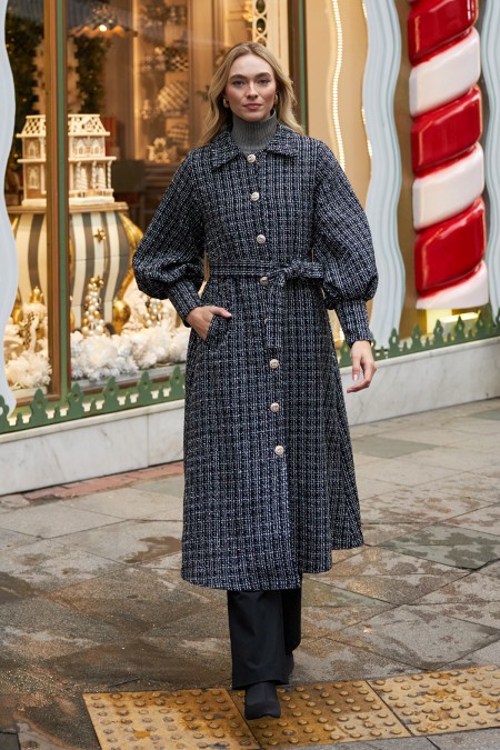 Balon Kol Kuşaklı Kaban - Siyah