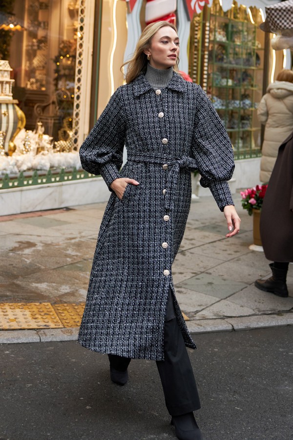 Balon Kol Kuşaklı Kaban - Siyah