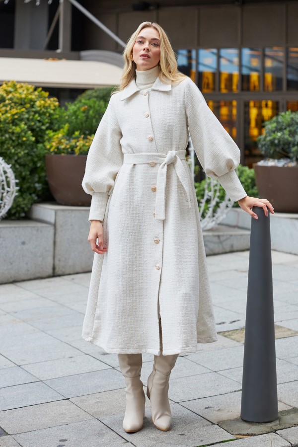 Balon Kol Kuşaklı Kaban - Ekru