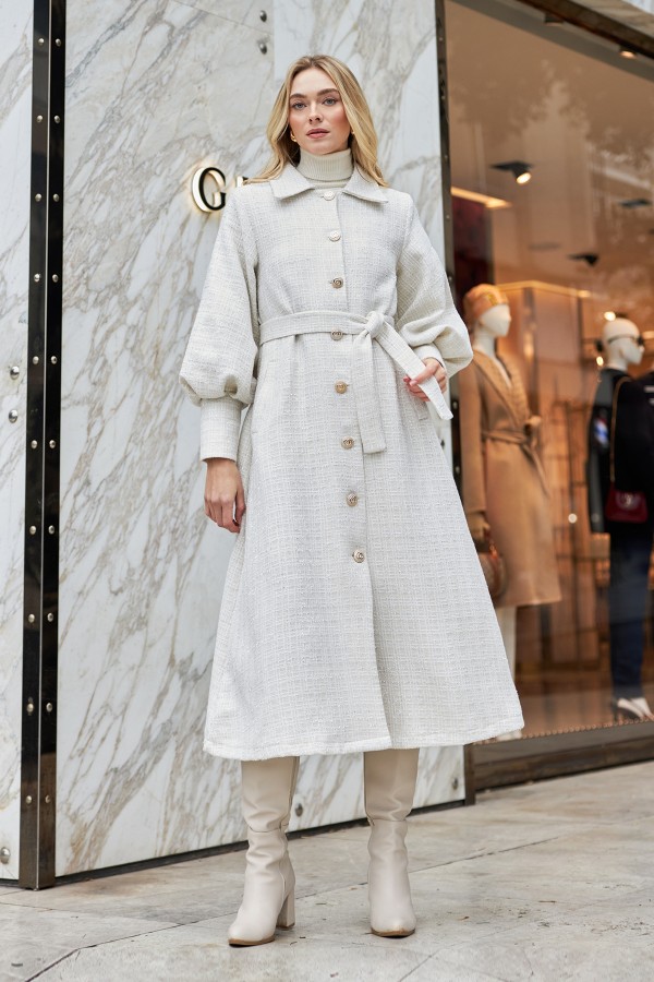 Balon Kol Kuşaklı Kaban - Ekru