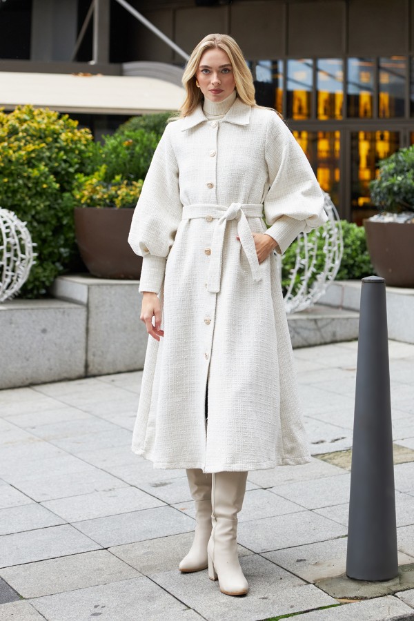 Balon Kol Kuşaklı Kaban - Ekru