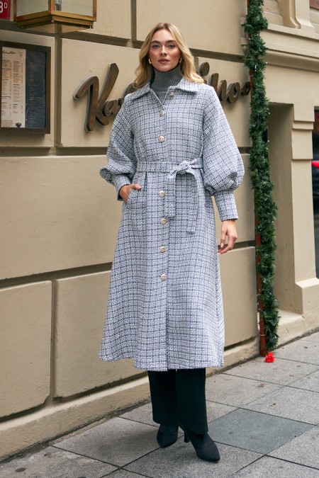 Balon Kol Kuşaklı Kaban - Gri