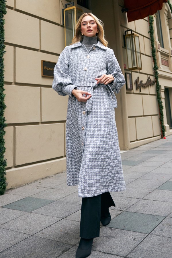 Balon Kol Kuşaklı Kaban - Gri